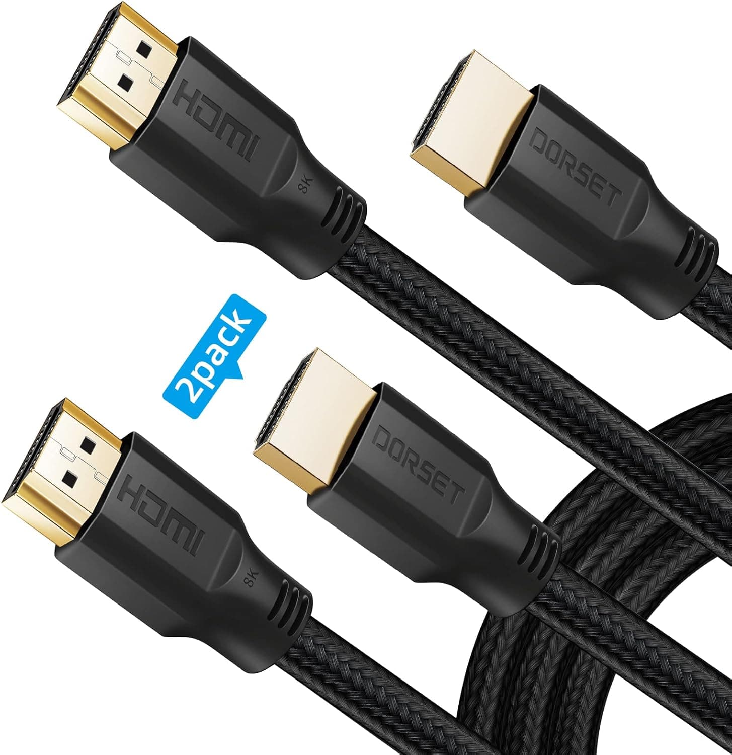 8K HDMI 2.1 Cable 10FT/3M [2-Pack], Dorset 48Gbps Ultra HD Support High Speed HDMI Cord, 8K60 4K120 144Hz eARC HDR HDCP 2.2 2.3 Compatible with Roku Sony LG Samsung TCL Xbox Series X RTX 3080 3090 PS5