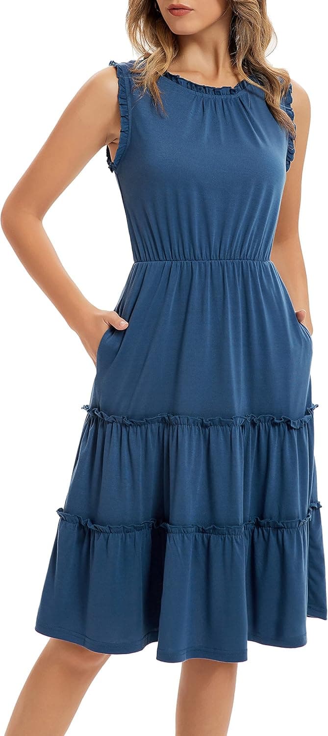 GRACE KARIN Women Summer Crew Neck Tank Dress Sleeveless Ruffle Midi Dress with Pockets