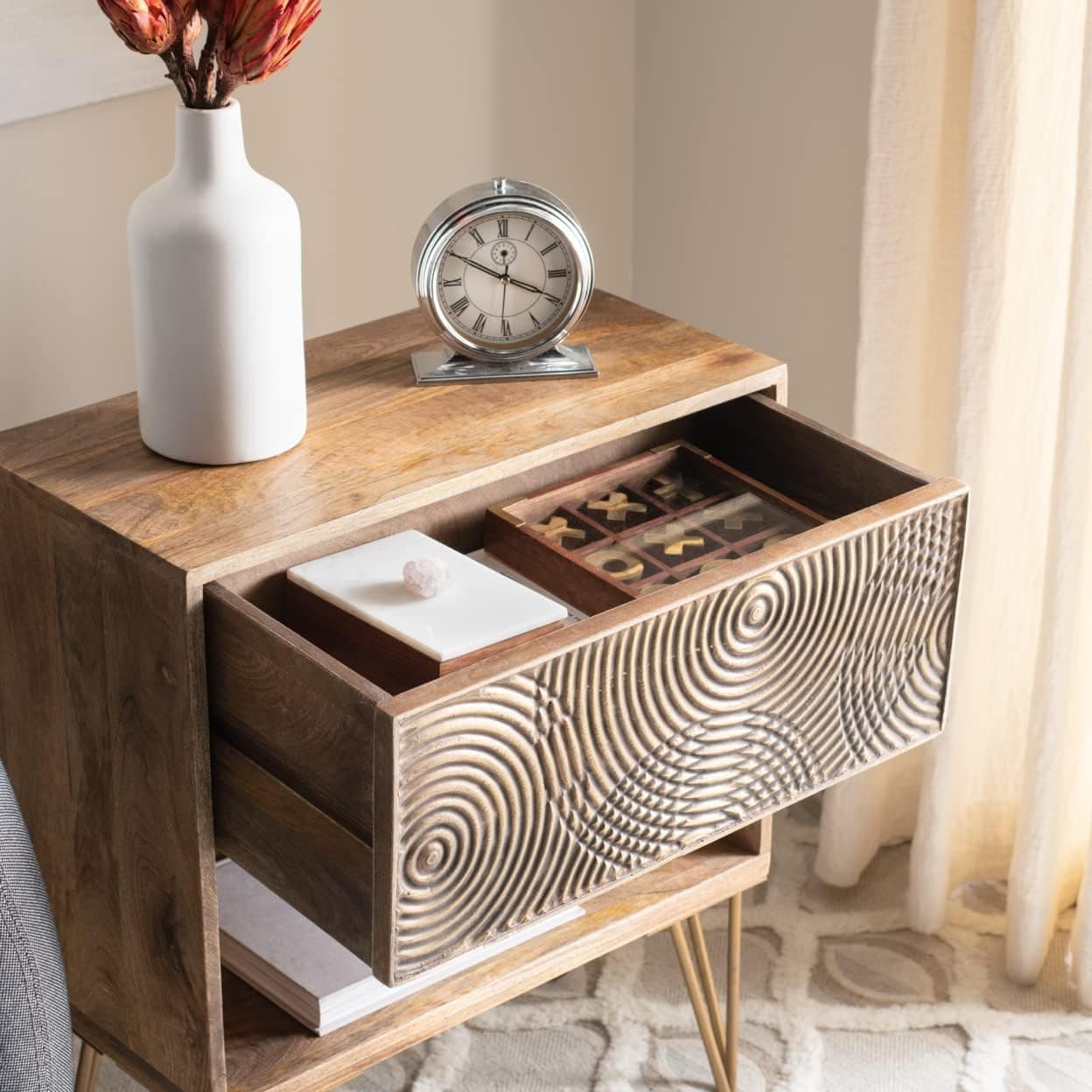 Safavieh Home Solene Modern Natural and Brass Hairpin Leg 1-drawer Nightstand