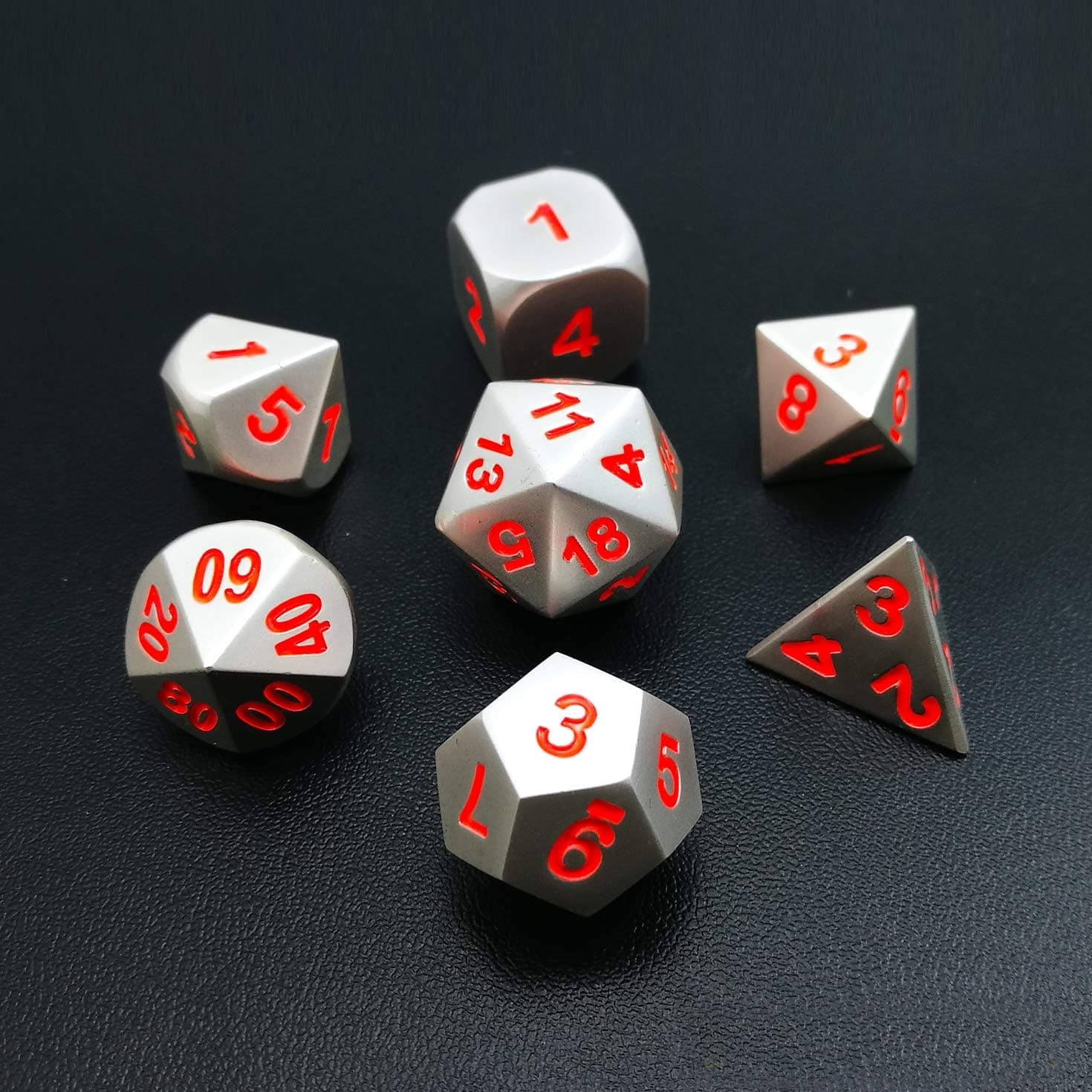 Bescon 7pcs Set Solid Metal Polyhedral D&D Dice Set Matt Silver with Orange Numbers, Metal RPG Role Playing Game Dice Set