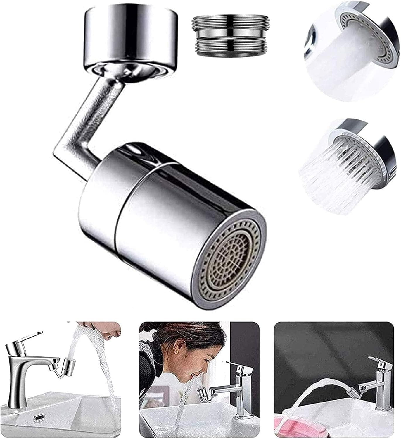 Universal Splash Filter Faucet 720°Rotatable Kitchen Faucet Anti-Splash 4-Layer Filter Oxygen-Enriched Foam Leakproof Double O-Ring Sprayer Faucet (Applicable Internal Thread 23-24mm)