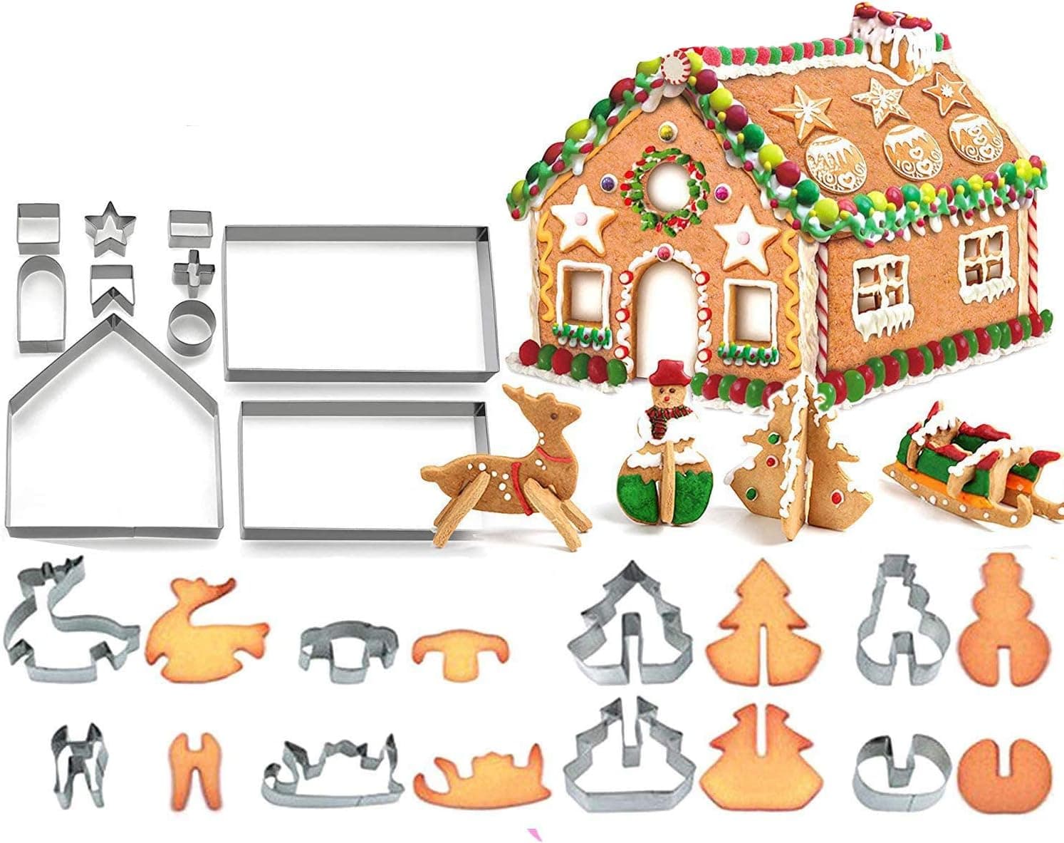 18 PCS 3D Christmas House Cookie Cutter Set, Stainless Steel Biscuit Cutter Mold Set,Festive Xmas Stainless Steel Biscuit Cutter Set, Christmas Tree,Snowman,Reindeer,Sled Shapes,Gift Box Package