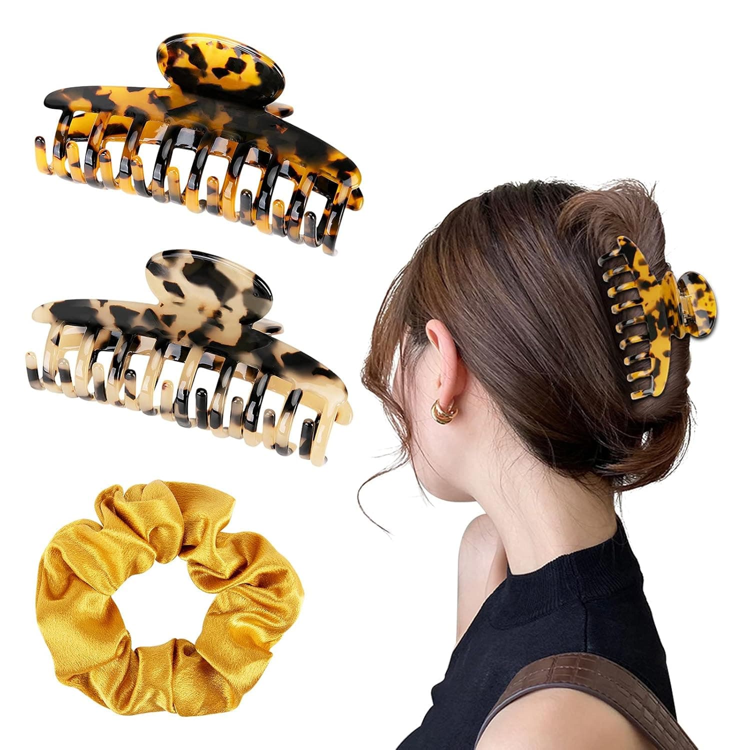 AIMIKE Hair Claw Clips 2PCS, 3.9 Inch Tortoise Banana Hair Clips for Thick Thin Hair, Strong Hold Celluloid French Leopard Print Claw Clips, Nonslip Jaw Clips with Satin Hair Scrunchy for Women Girls