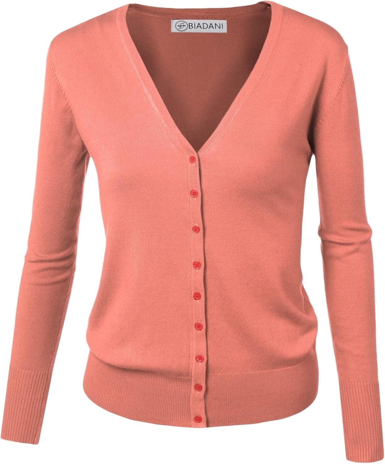 BIADANI Women Button Down Long Sleeve Soft V-Neck Cardigan Sweater Peach 1X-Large