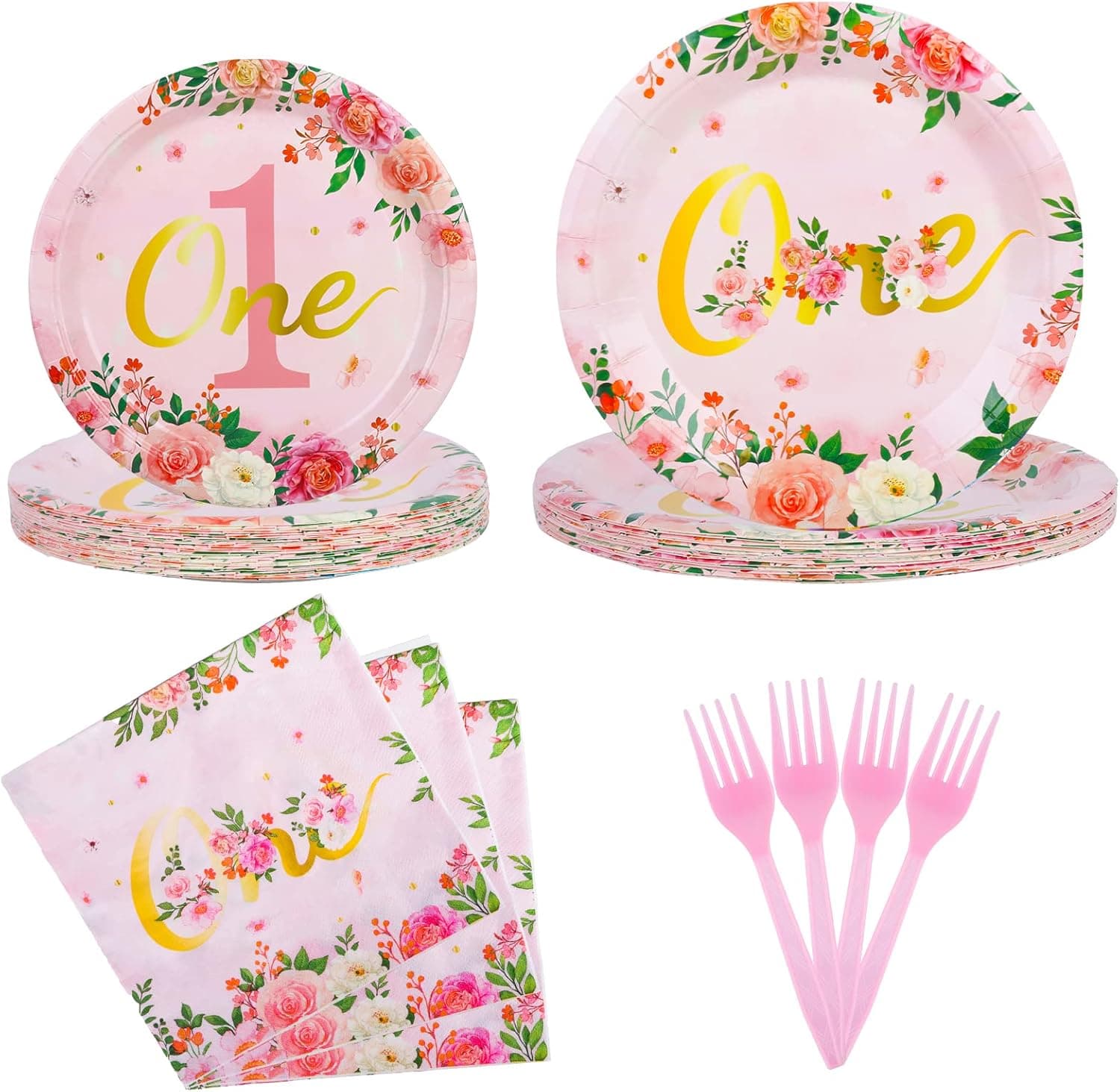Raityibnd 96Pcs 1st Birthday Shower Decorations Party Supplies 7''&9'' Floral Print Baby Shower Plates and Napkins, Forks for Girls One Year Birthday or Anniversary Theme Decor Favors
