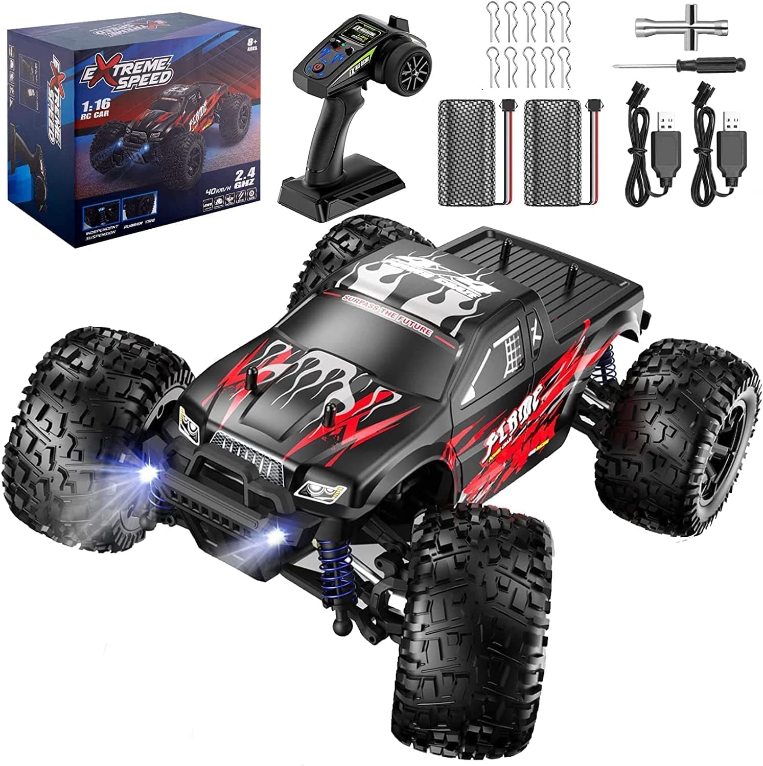 Elvodosia Rc Remote Control Cars Trucks, 1/16 Scale Hobby 4x4 Offroad Cars for Adults[Red][30+ MPH][Double Batteries+Charger][2.4 Ghz Controller],Monster Rc Cars Toys for Adult,Kid Boy Age 8-12 7-10