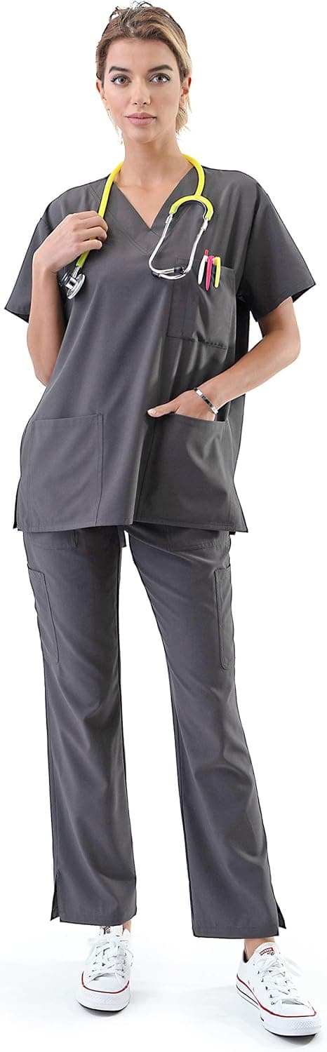 Women's Medical Uniform Scrubs Set – 4 Way Stretch 8 Pocket V-Neck Top with Drawstring Pants Nursing Dental