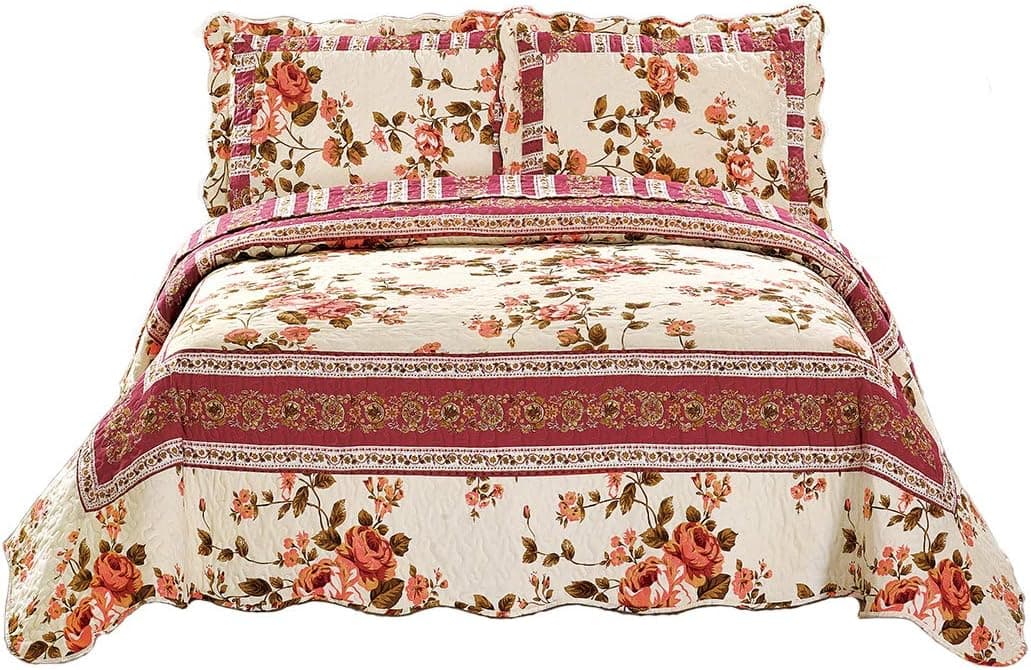 Mk Collection 3pc Queen Size Reversible Quilted Bedspread Set Floral Off White Pink Green New