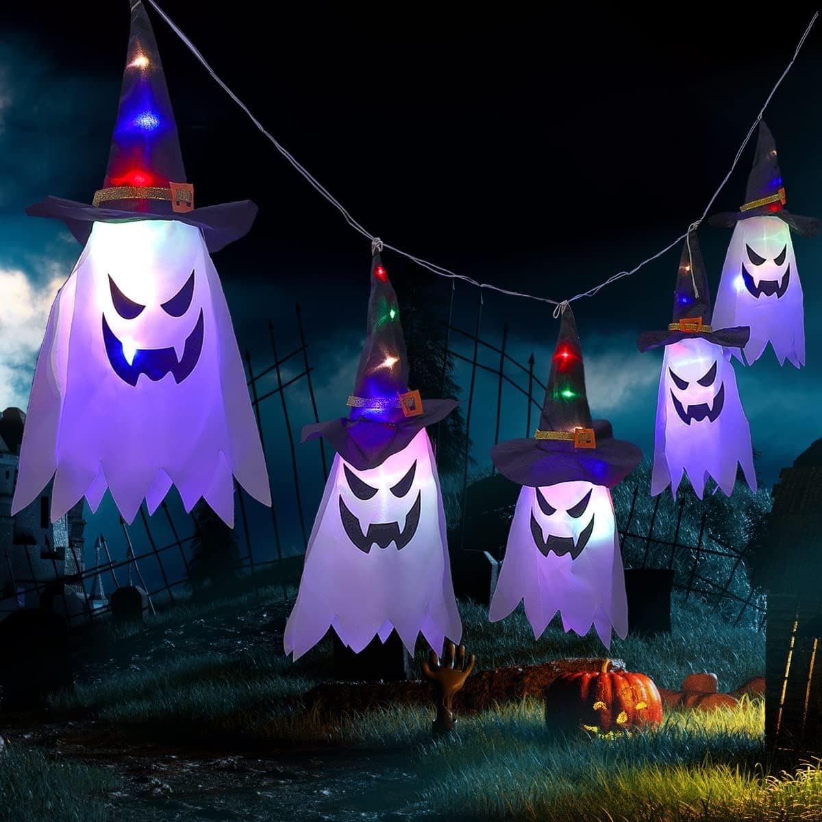 Halloween Decorations Outdoor,5 Packs Halloween Lights Battery Operated Ghost Hanging Lights Flying Witch Hats Halloween Indoor Outdoor Decorations LED String Lights for Yard Tree Patio Lawn Garden