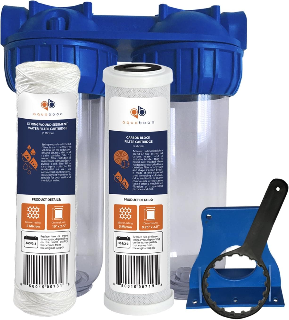 Aquaboon 10"x2.5" Whole House Clear Standard Transparent System 2 Stages (3/4" Brass Port+Valve-in-Head)+Bracket+String Wound And Carbon Water Filter Cartridges | Compatible Ronaqua RA-125-10D-PS-CTO