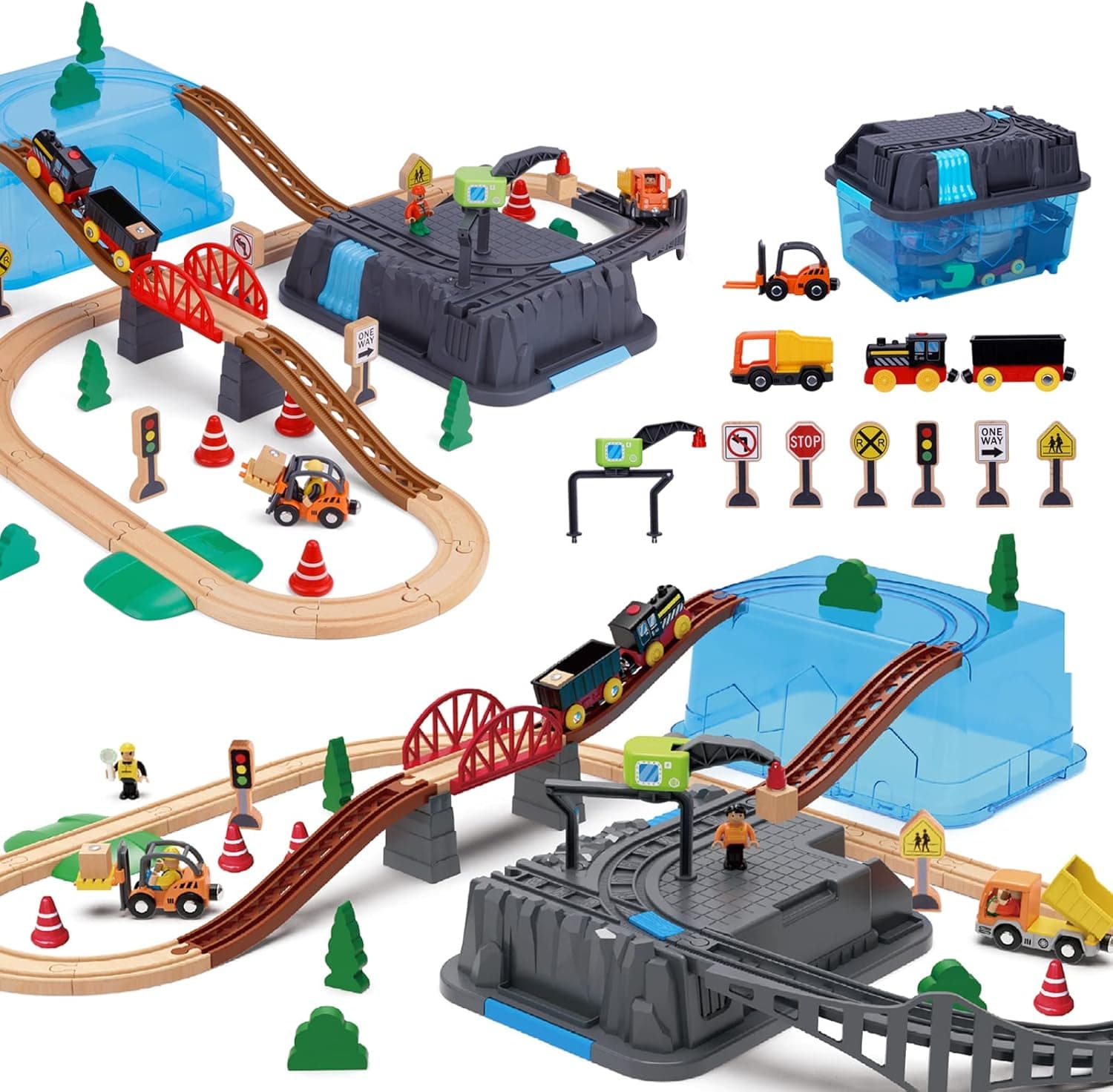 TOOKYLAND Wooden Train Track Set with Dual-use Storage Box,with Wooden Train Sets for Boys Fits Thomas, Brio, Chuggington, Melissa and Doug