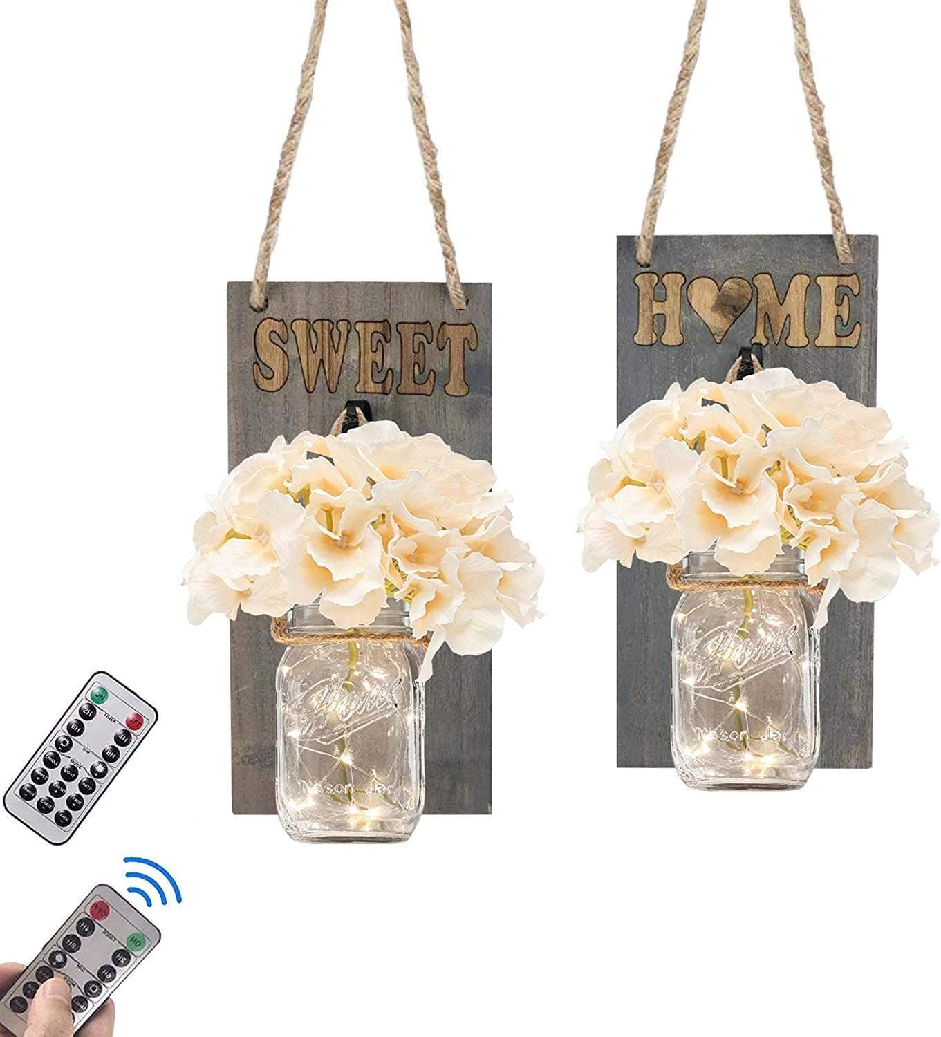 VOOKRY Flow.Month Rustic Wall Sconces - Mason Jars Sconce, Rustic Home Wall Decor,Wrought Iron Hooks, Silk Hydrangea and Fairy Lights Design for Hanging Decoration (Rustic Grey)