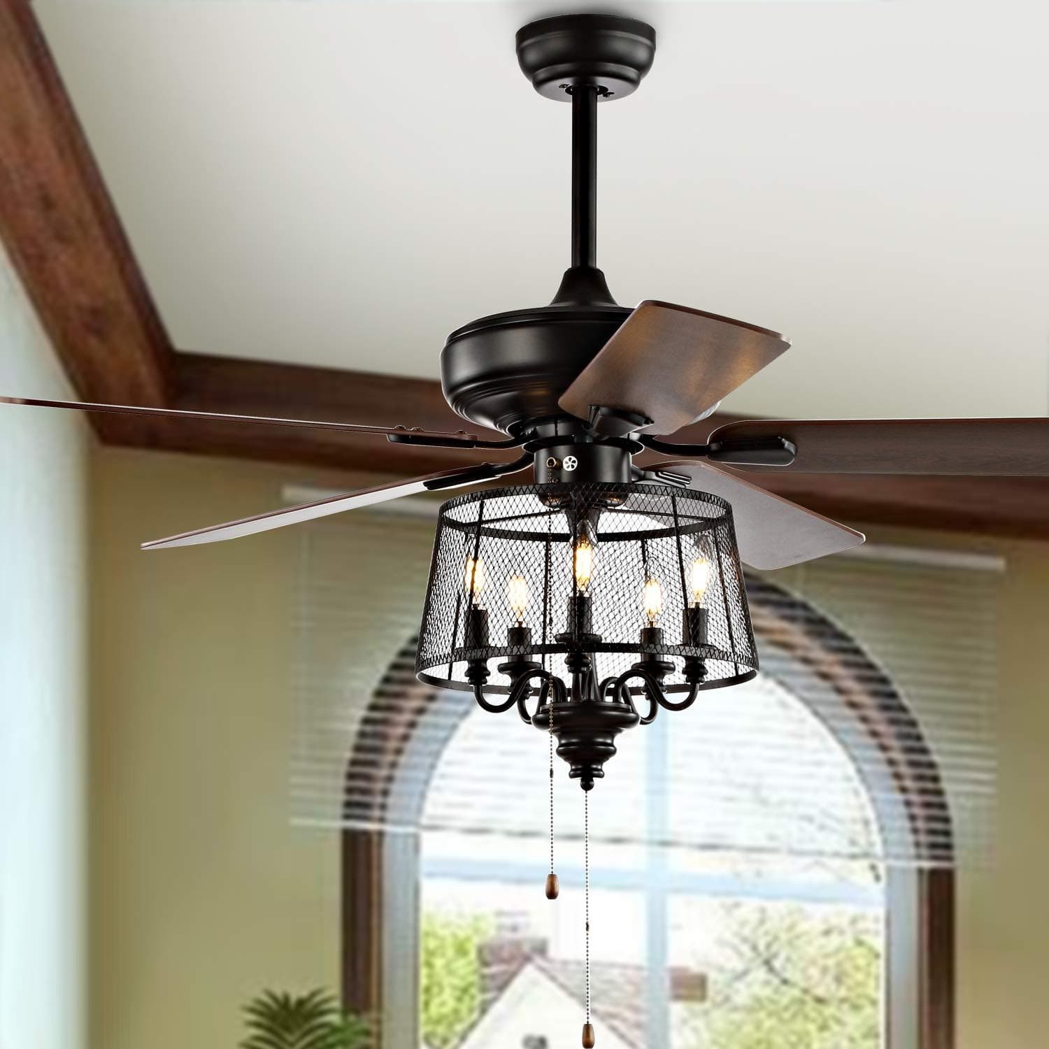 Safavieh CLF1002A Jonie 5-Light Ashwood/Brown Reversible Blades 52" 3-Speed Remote (LED Bulbs Included) Ceiling Fan, 52" x 52" x 32", Black