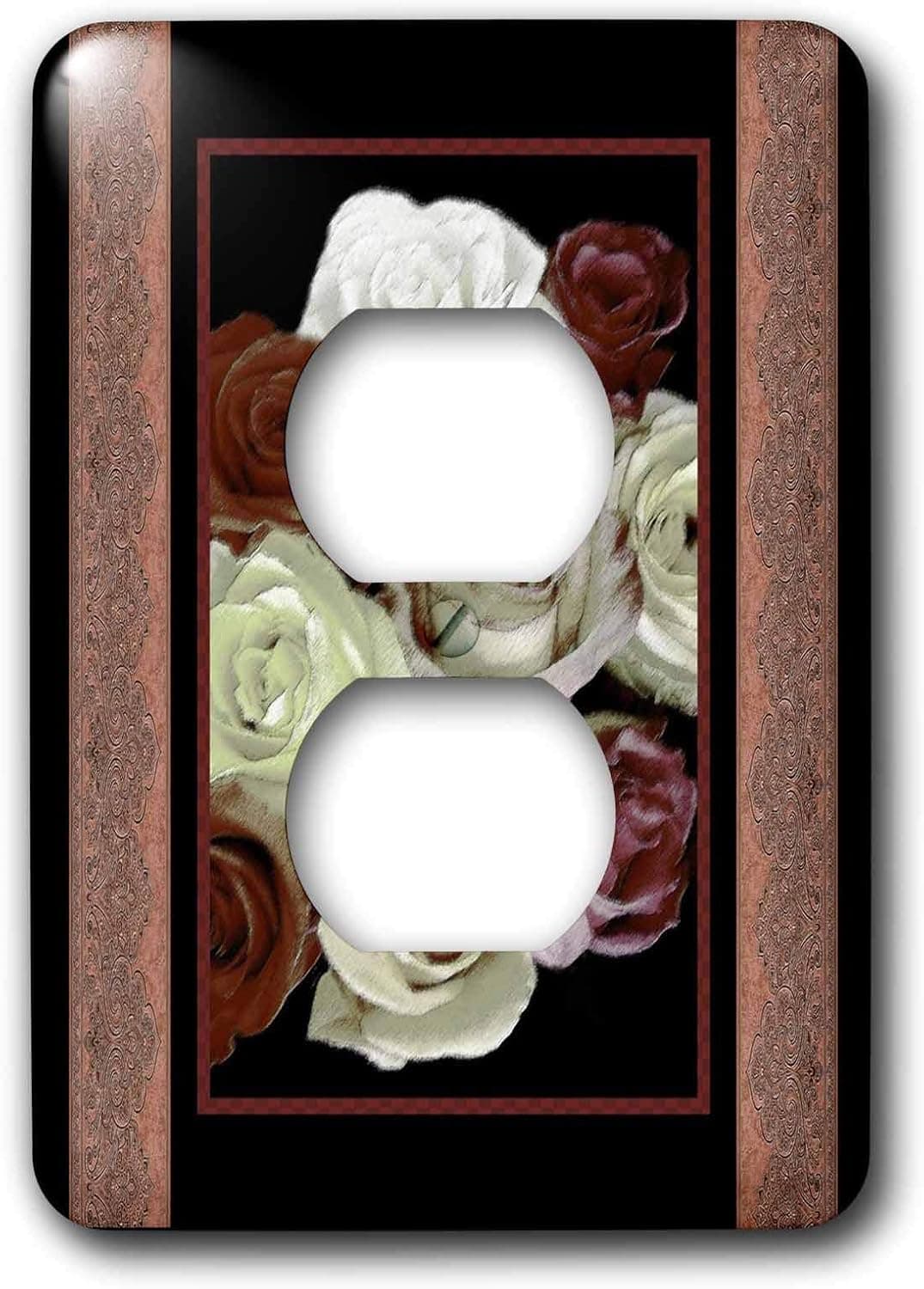 3dRose lsp_29804_6 Dreamy Hues of Chocolate Burgundy and Cream Roses with Bark Brown Damask Ribbon Trim 2 Plug Outlet Cover