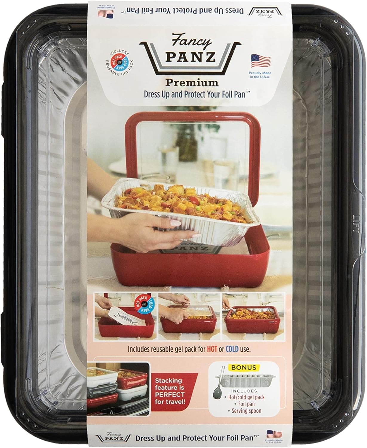 Fancy Panz Premium Dress Up & Protect Your Foil Pan, Made in USA. Hot/Cold Gel Pack, One Half Sized Foil Pan & Serving Spoon Included. Stackable for easy travel. BPA free (Charcoal)