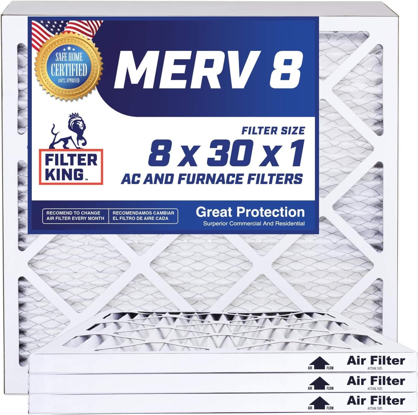 Filter King Air Filters 8x30x1 | 4-PACK | MERV 8 HVAC Pleated AC Furnace Filters | Air Purifier | Replacement Filters for Clean, Healthy & Fresh Environment | MADE IN USA