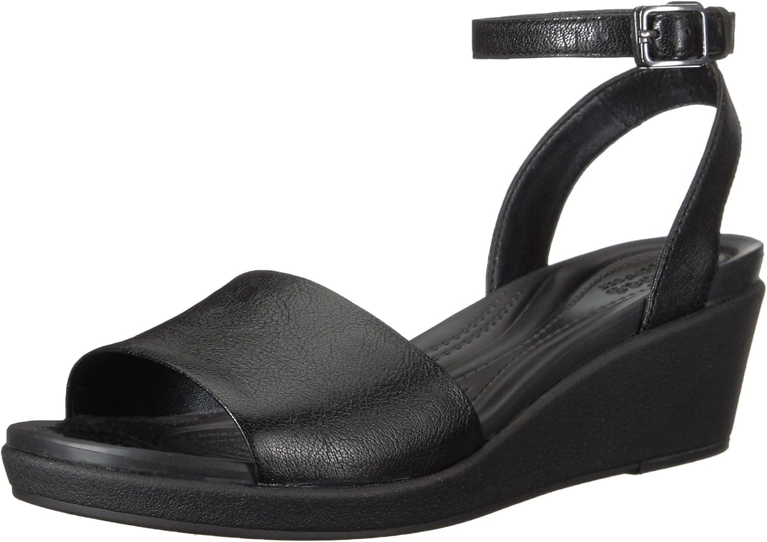 crocs Women's Leighann Anklestrap Lthr Wedge Sandal, Black, 8 M US