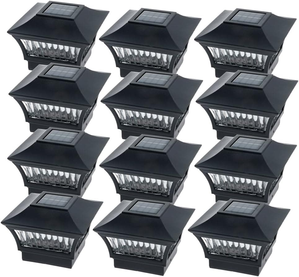 GreenLighting - Solar Post Lights - Solar Lights Outdoor Garden - Solar Fence Post Lights - Solar LED Post Cap Light for 4X4 Wood, 4X4 PVC - (Sleek, 12 Pack, Black Aluminum)