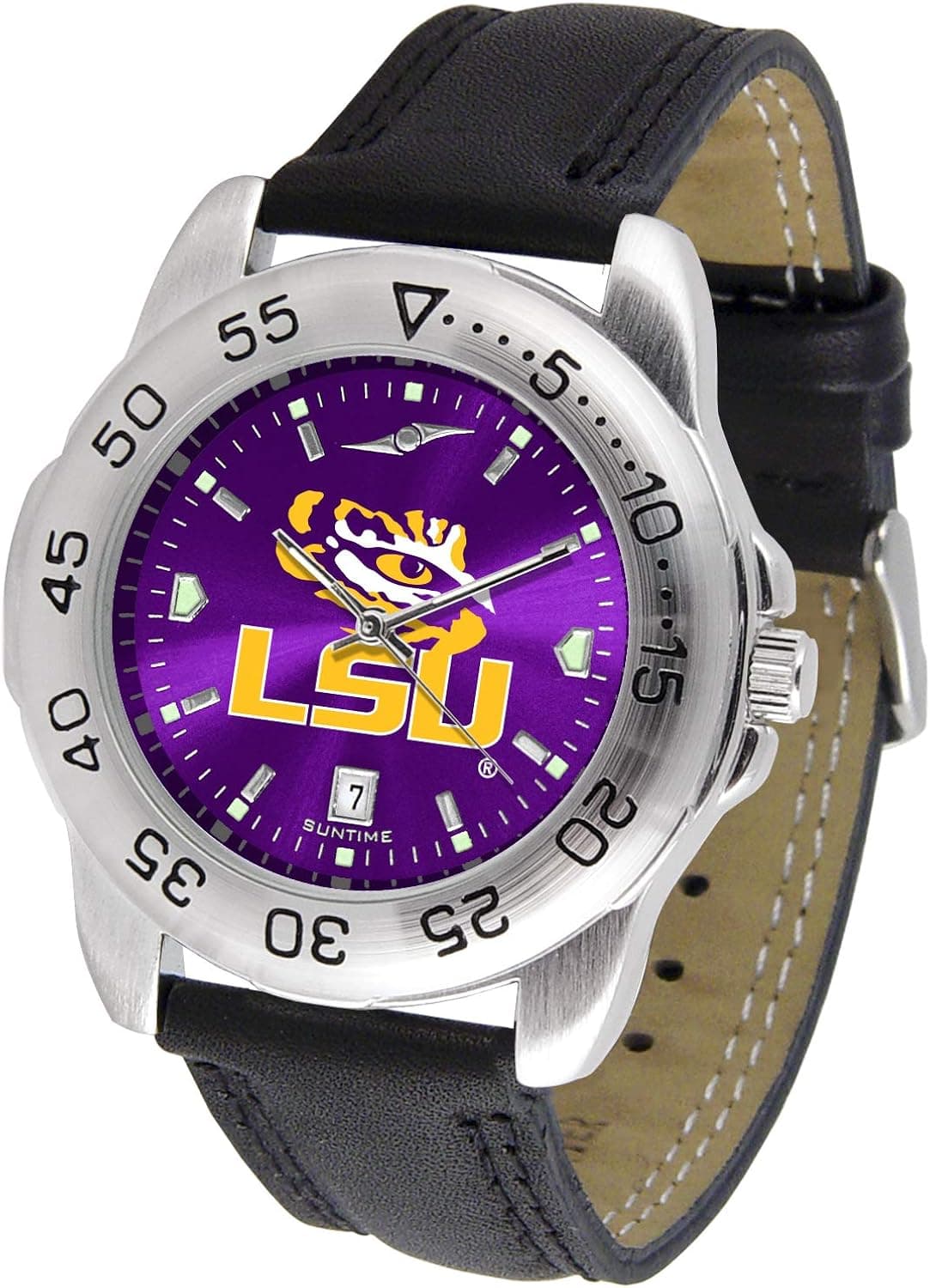 SunTime LSU Tigers Men's Sport Watch Leather Band Reflective AnoChrome Dial