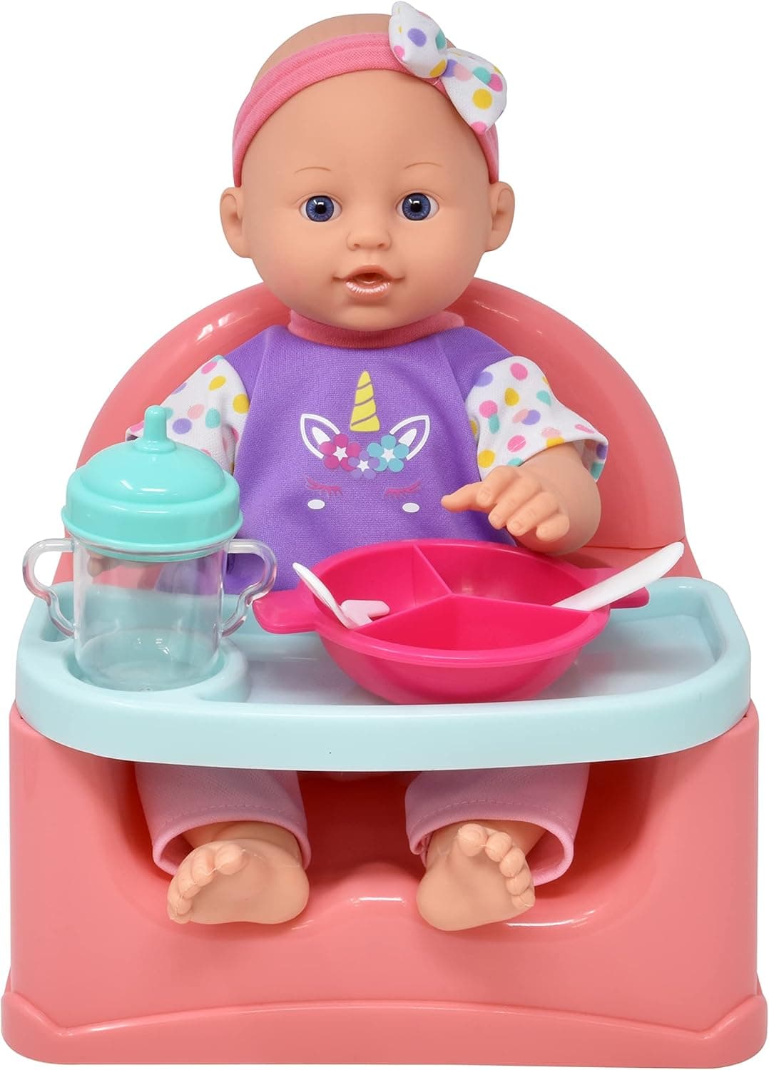 Baby Doll Feeding Set, 14 Inch Doll, Booster Seat High Chair Feeding Table with Food Tray, Bib, Bottles and Pretend Play Feeding Accessories for Kids and Toddlers