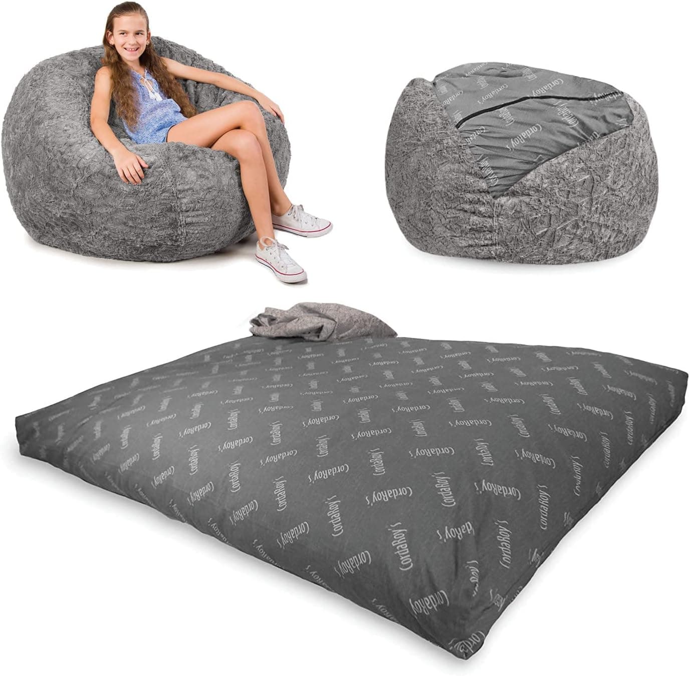 CordaRoy's Faux Fur Bean Bag Chair, Convertible Chair Folds from Bean Bag to Bed, As Seen on Shark Tank, Grey - Full Size