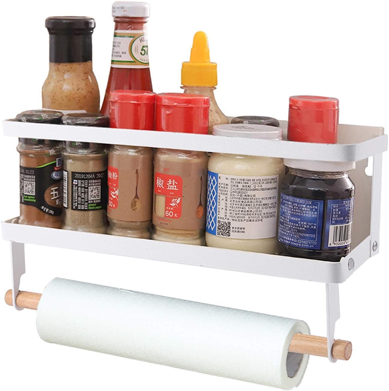YCOCO Magnetic Paper Towel Holder for Refrigerator, Spice Rack with 2 Removable Mobile Hooks,Multi Function Magnetic Wall Mount with Shelf,Easy to Install The Side of The Refrigerator,White