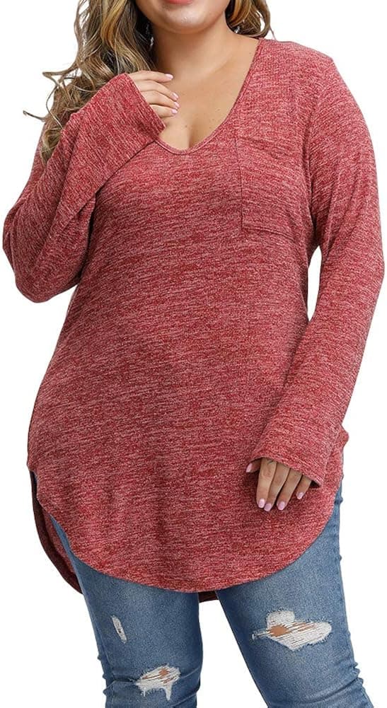 Allegrace Women's Plus Size Tunic Tops Long Sleeve Plus Size T Shirts Casual V Neck Top Brick Red 18W