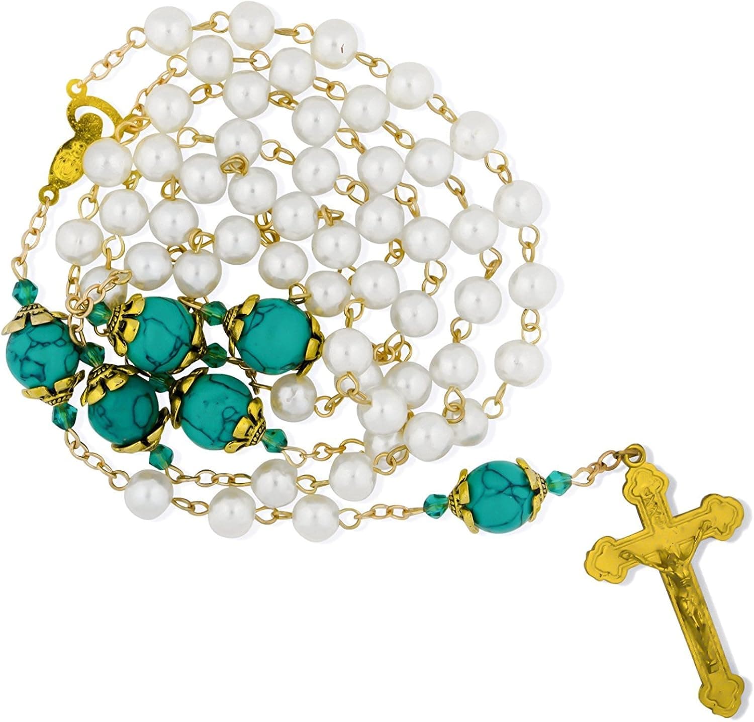 Religious Gifts Ornate Rosary with Gold Accents and Pearlized Beads