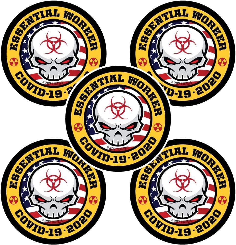 5 USA Essential Worker Hard Hat Sticker Pack Patriotic American Flag & Skull Toxic Hazard - 2" Inch WATERPROOF Vinyl Decals - UBEW UAW ECT Union