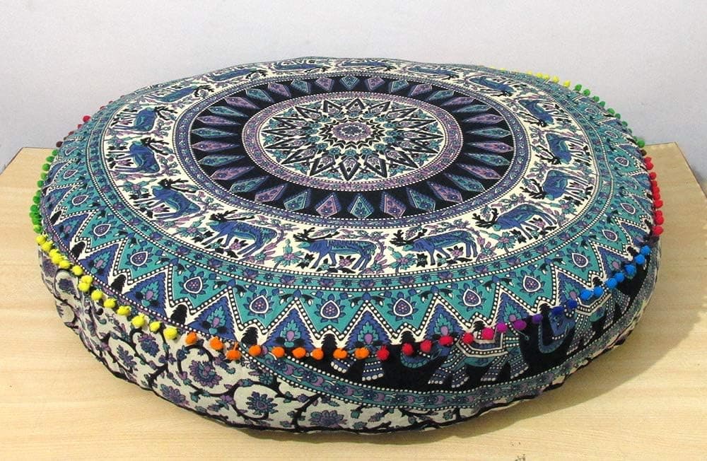 ICC Large Hippie Mandala Round Floor Pillow Cover Ottoman Pouf Cover Daybed Oversized Cotton Cushion Cover with Heavy Duty Zipper Seating Ottoman Poufs Dog-Pets Bed (Green Deer, 35" Round)