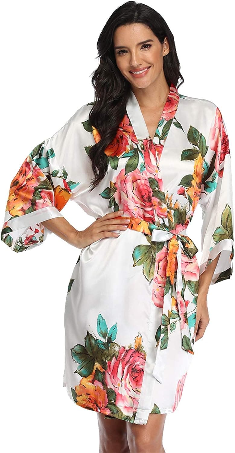 Women's Satin Robe Short Floral Bridesmaids Robes Kimono Dressing Gowns Lounge Robe Sleepwear