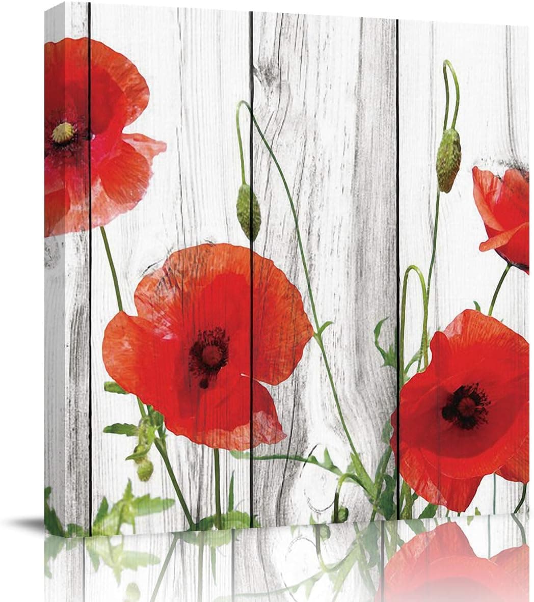 FOREVER20 Canvas Print Wall Art Bathroom Kitchen Red Poppy Wooden Texture Picture Painting Contemporary Stretched Framed for Home Bedroom Livingingroom 8x8in, (F20IAAHNZP20210308KSWXF01854IAAAF20)