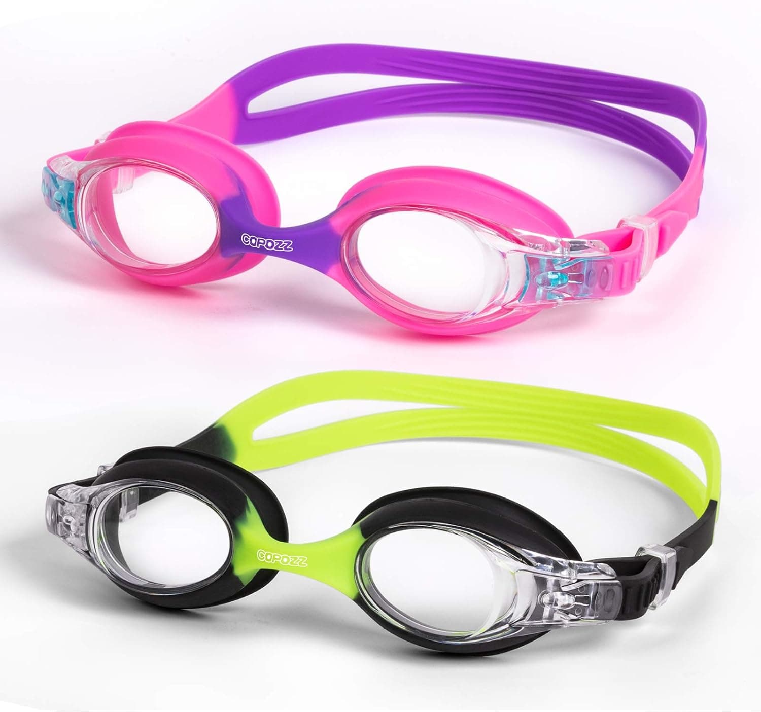 COPOZZ Kids Swimming Goggles, Anti Fog UV Protection No Leak Soft Silicone Frame for Kid Toddler Boys Girls-2Pack (Green+Pink)