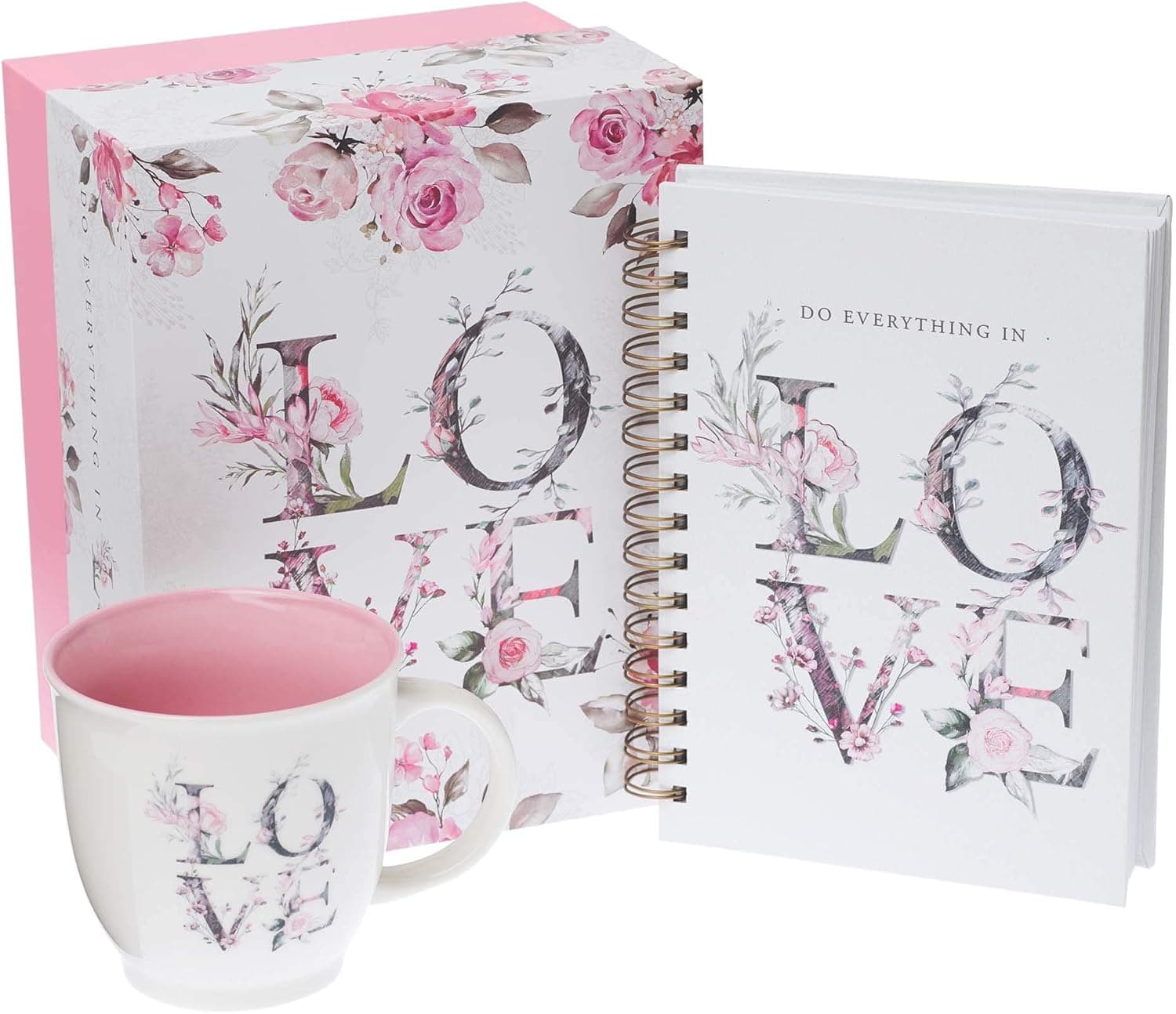 With Love Tea/Coffee Mug and Wirebound Hardcover Journal/Notebook Gift Set Do Everything In Love Pink Floral Inspirational Coffee Cup Box Set For Women, 14oz Ceramic