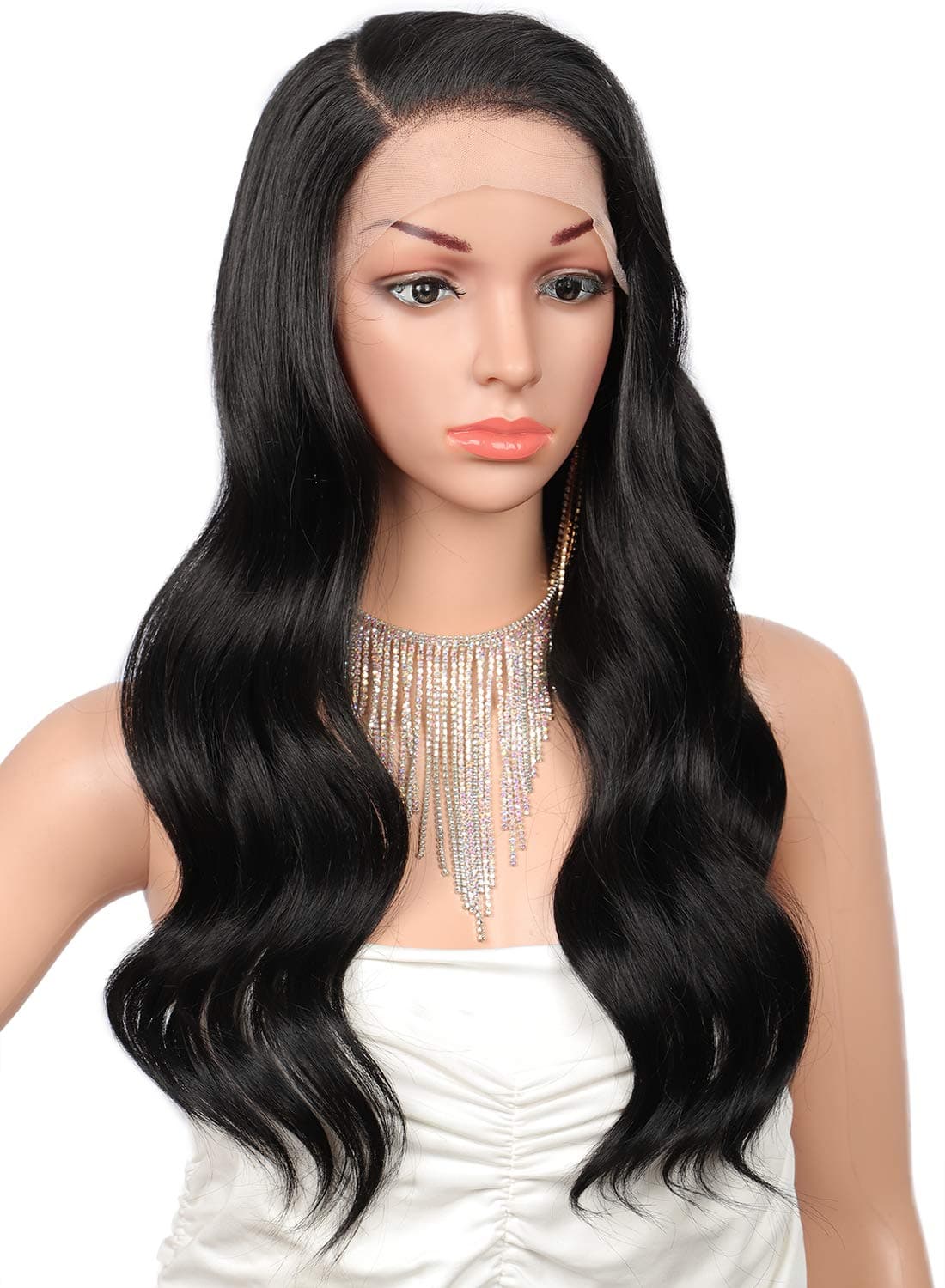 Kalyss 24" Side Parted Lace Front Wigs for Women Long Body Wavy Curly Heat Resistant Japan-made Synthetic Lace Frontal Wigs with Baby Hairs for Daily Wear (Black)