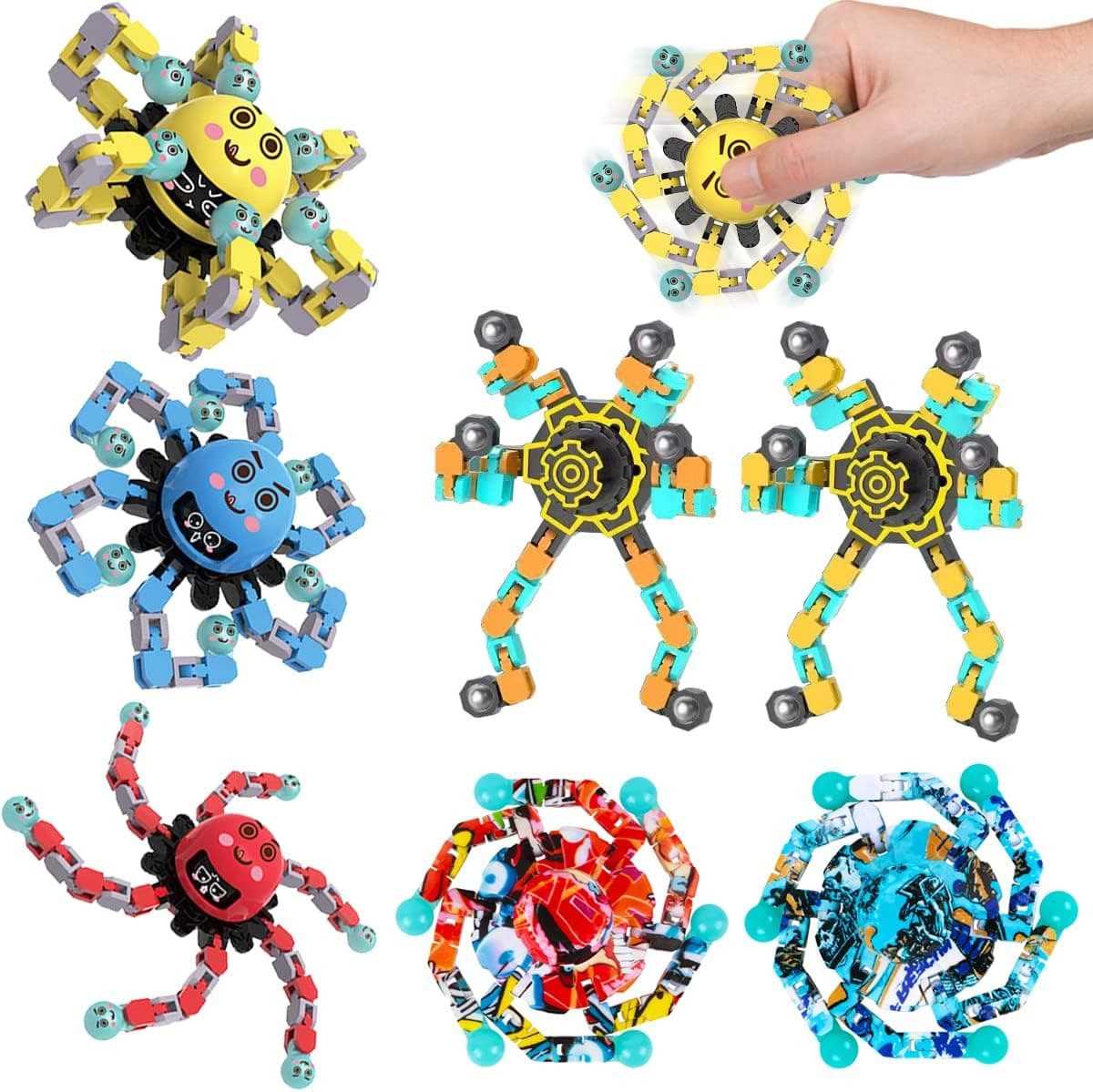 Aveloki 7 Pack Fidget Spinners, Deformable Robot Finger Spinner, Deformable Creative Mechanical Gyro Toys, Stress Relief Mechanical Chain Toy for Kids Adults