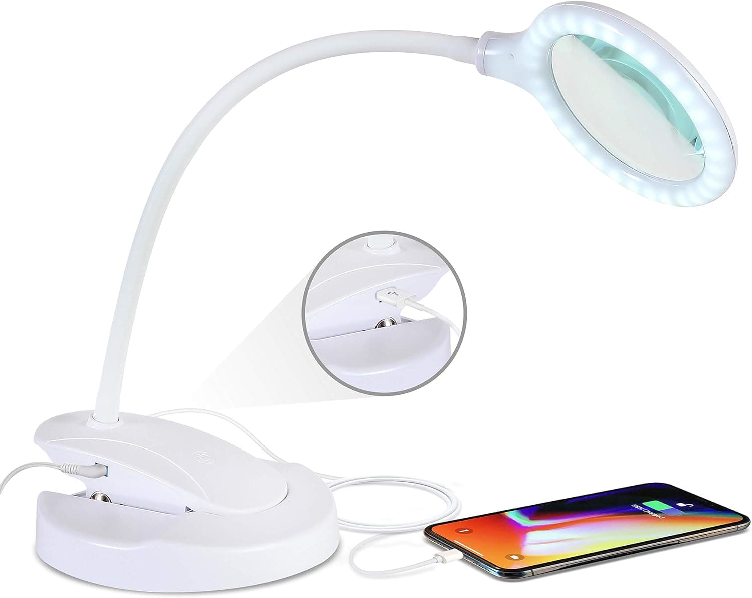 Brightech Lightview Magnifying Glass & Bright LED Lamp with Stand, Clamp - Lighted Glass Magnifier with USB Charging Port (Enjoy Music As You Work) – Dimmable Light for Reading, Crafts – 1.75x - White
