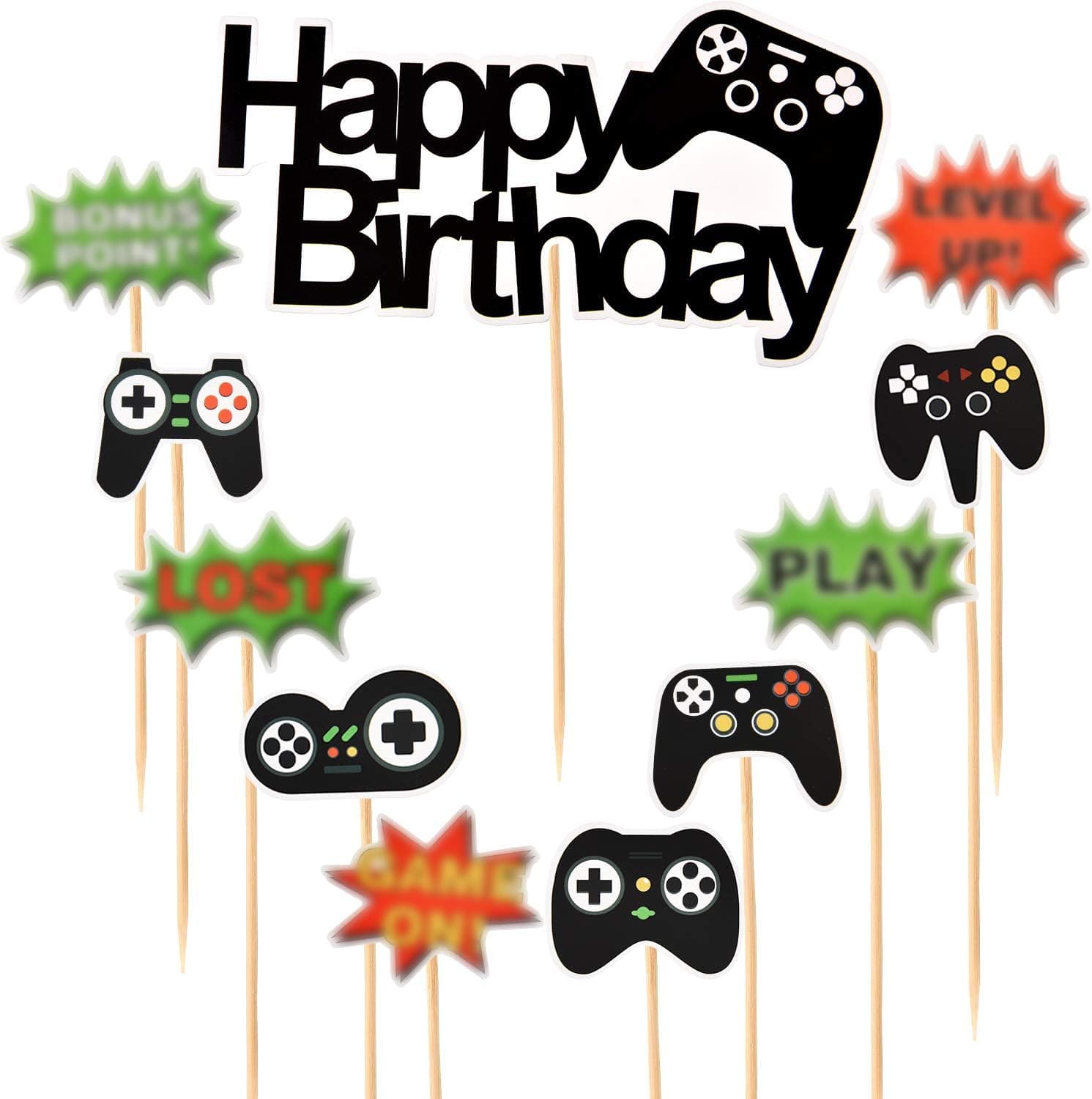 3 Sets Video Game Party Cupcake Toppers Happy Birthday Video Gaming Topper Theme Birthday Party Supplies Decoration Set, Including Wooden Sticks and Glue