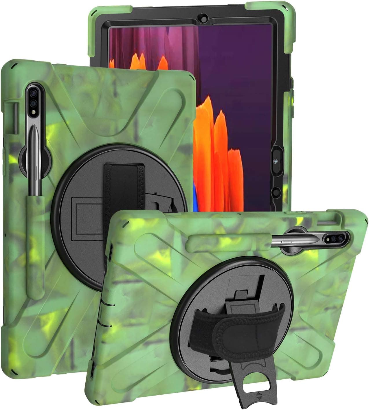 KIQ Galaxy Tab S7 Case 11", Shockproof Heavy Duty Durable Dual-Layer Cover Kickstand Hand Strap Shoulder Carrying Sling for Samsung Galaxy Tab S7 T870/ Samsung Galaxy Tab S8 X700 (Shield Camouflage)