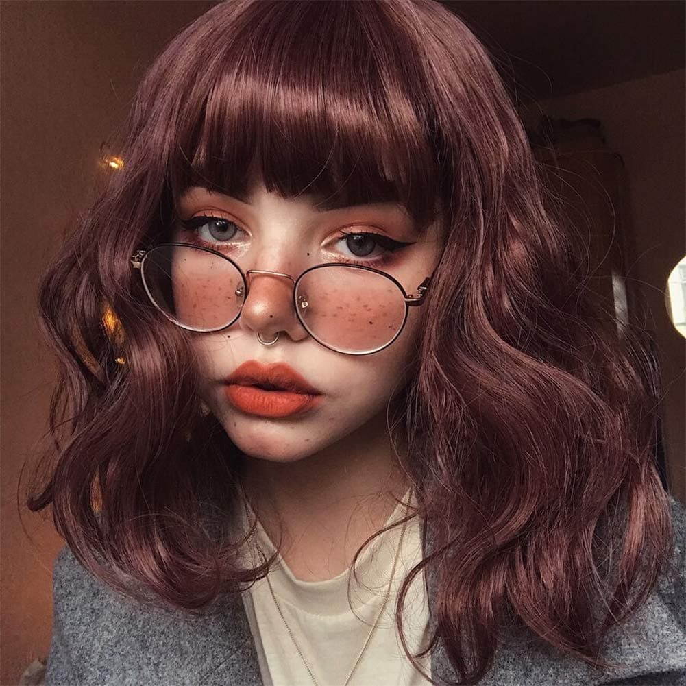 Andromeda Short Bob Wavy Wig for Black Wine Bob Wig with Bangs Women Women's Curly Shoulder Length Synthetic Costume Cosplay Hair Wigs (Wine)