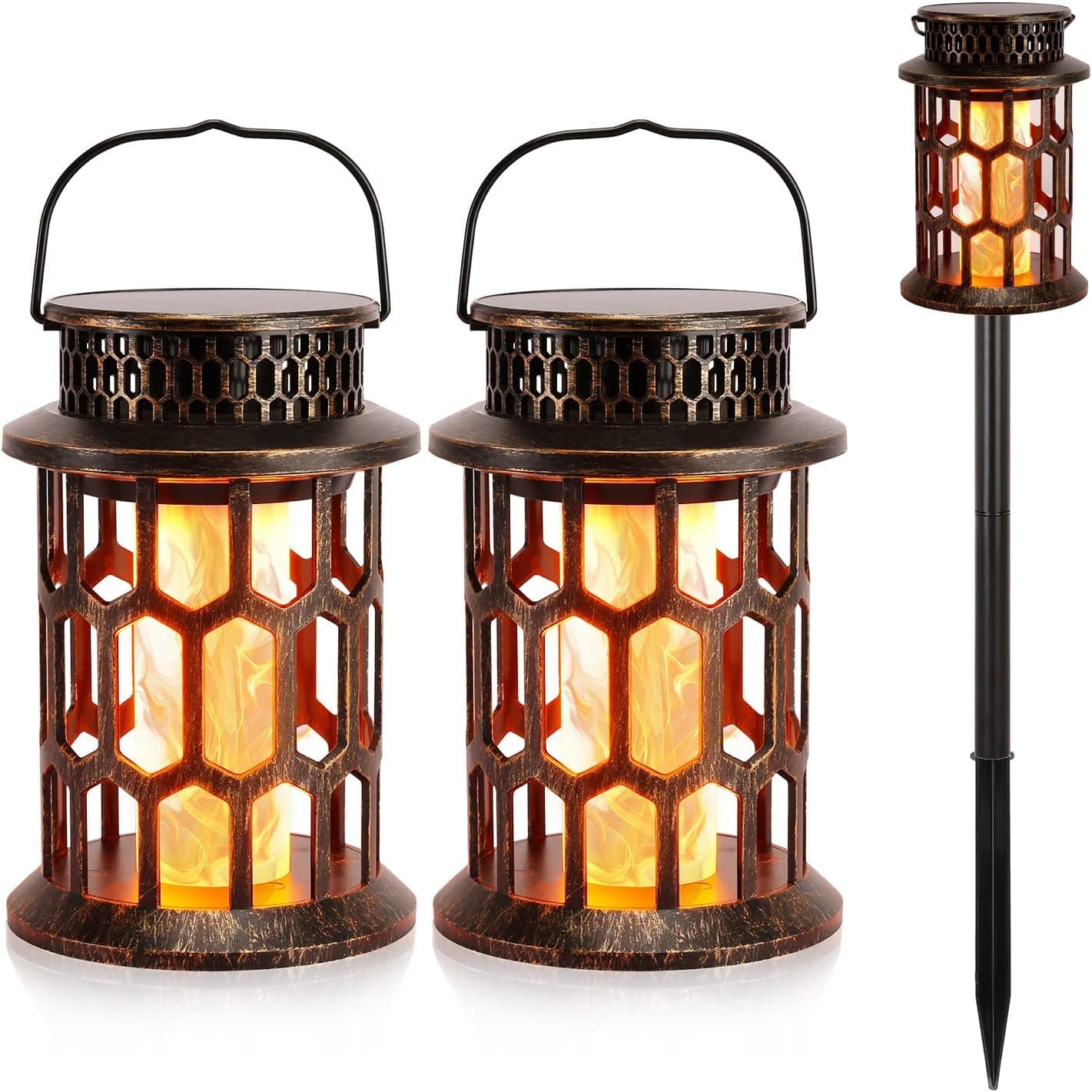 2 Pack Solar Lantern Flame Lights Outdoor, POWLAB 3 in 1 Hanging/Stand Solar Lantern Waterproof Garden Night Light Landscape Decorative Lanterns Solar Lamps for Patio Lawn Pathway Wall Backyard