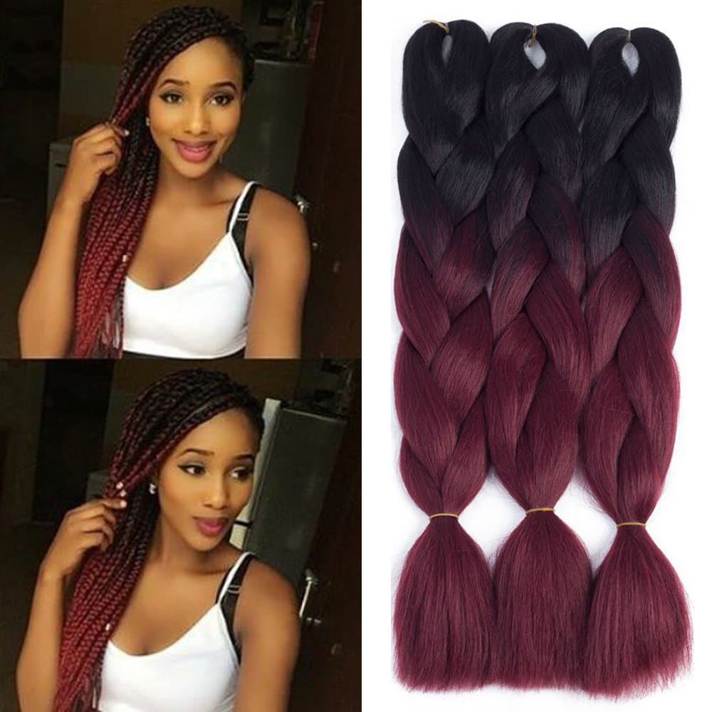 Dingxiu (3Packs,24inch) Ombre Braiding Hair Extensions Afro Jumbo Braids Synthetic Fiber Hair Two Tone Twist Braiding hair 100g/Pack (Burgundy)