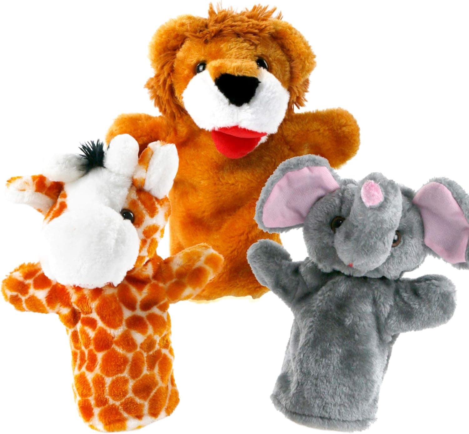 Stuffed Animal Hand Puppets for Kids Toddlers Set of 3, Plush Lion Giraffe Elephant Puppets for Storytelling Role Play Puppets Theaters