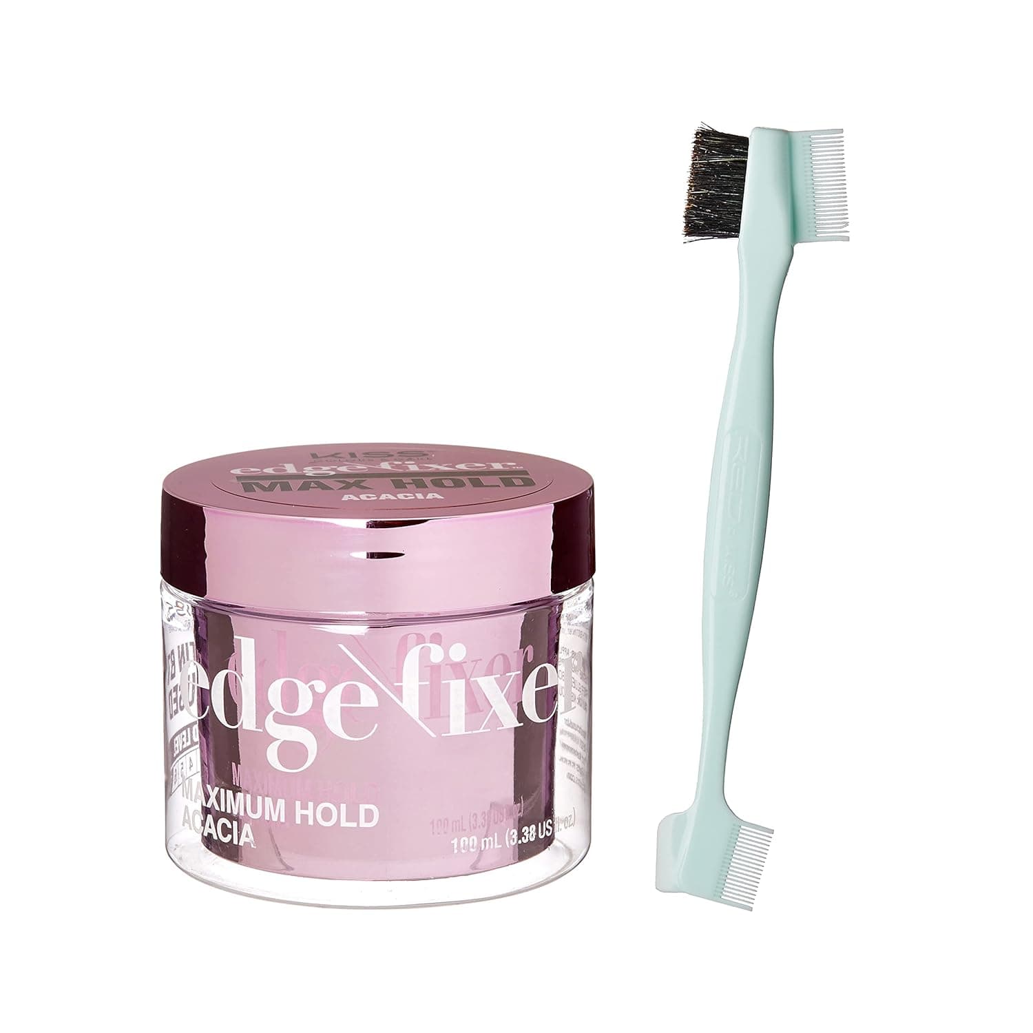 KISS Edge Fixer Max Hold 100mL (3.38 US fl.oz) & 4 in 1 Edge Brush with Fine Edge Combs & Spatula (Acacia)