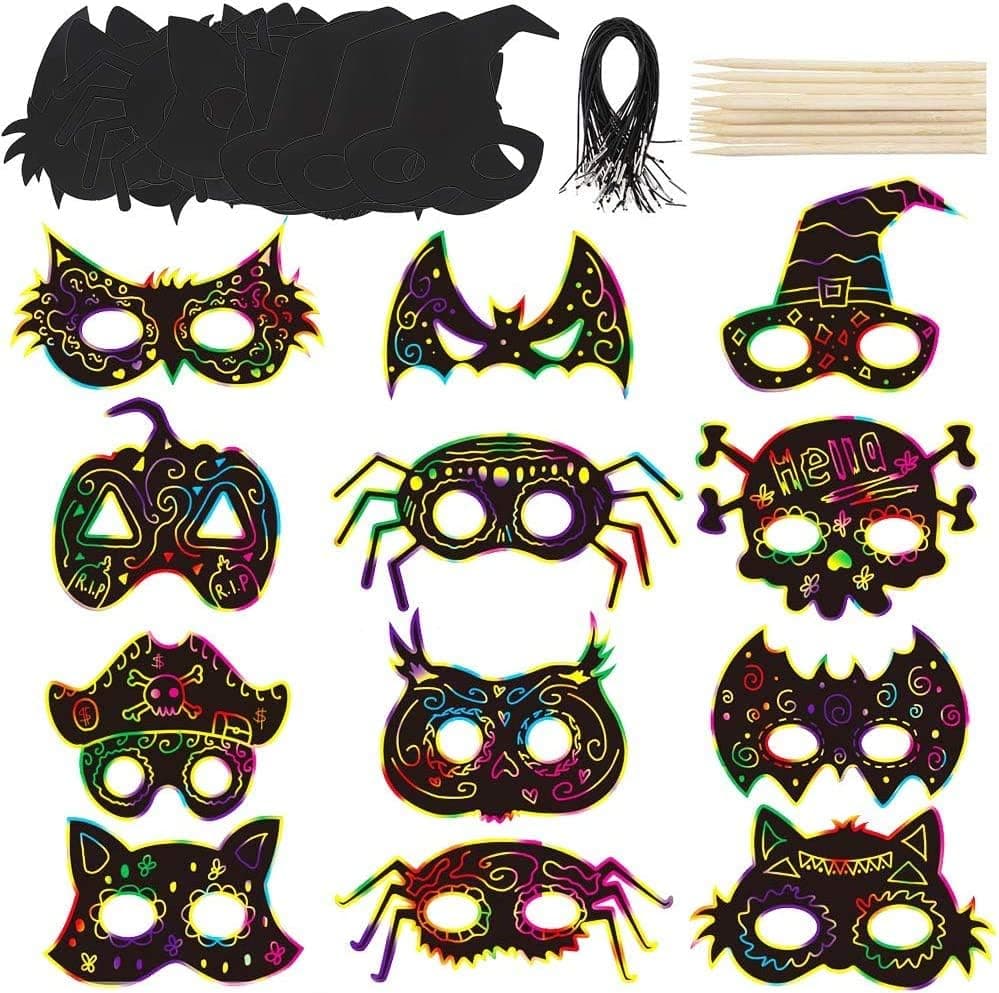 LOKIPA Halloween Scratch Paper Mask, 36 Pcs Magic Rainbow Scratch Off Art Masks with Wooden Stylus and Elastic Cords for Kids Halloween Crafts