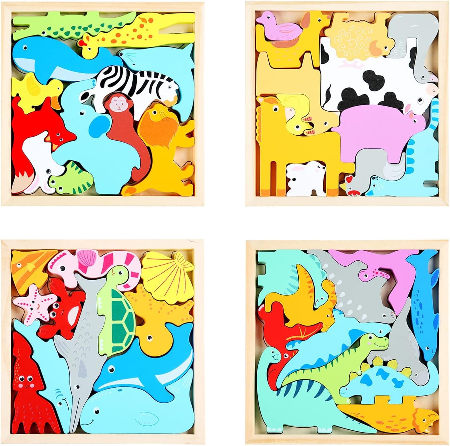 4 Pack Wooden Puzzles for Kids Ages 3-5, Chunky Jigsaw Animals Dinosaurs Blocks Puzzle Stacking and Balancing Toys, Early Learning Preschool Montessori Educational Toys Gifts for Boys Girls (Style 1)