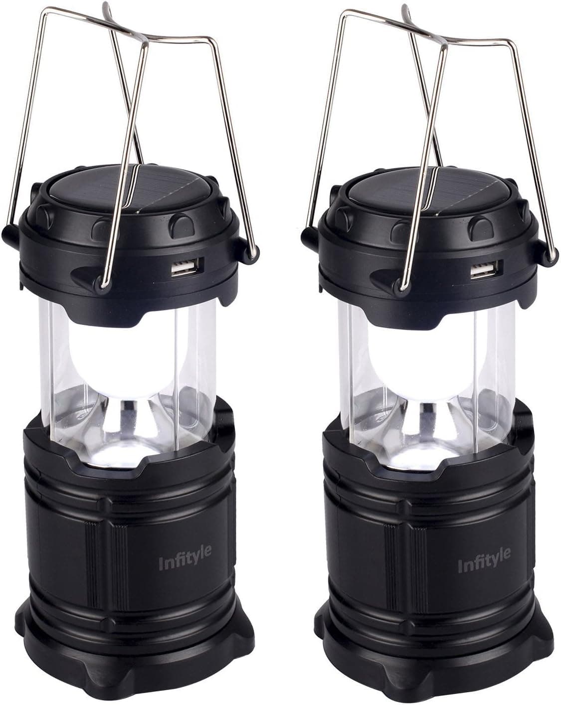 Infityle Camping Lantern - LED Solar Rechargeable Camp Light Flashlights - Emergency Lamp - Power Bank for Android Cell Phone iOS iPhone - 2 Pack Black