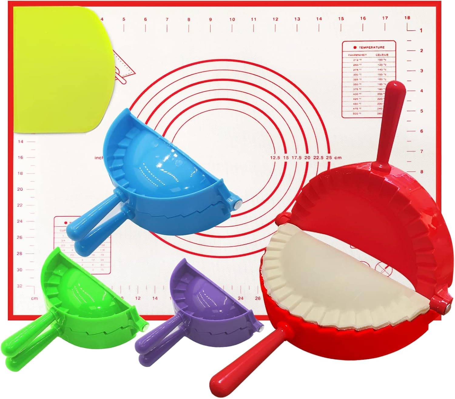 Dumpling Maker, 4 Pcs Empanada Press, Extra Non Stick Pastry Mat and Dough Cut, Making Pies, Dumplings, Wontons, Pot Stickers, Etc, (3/3.74/4.9/6 in)