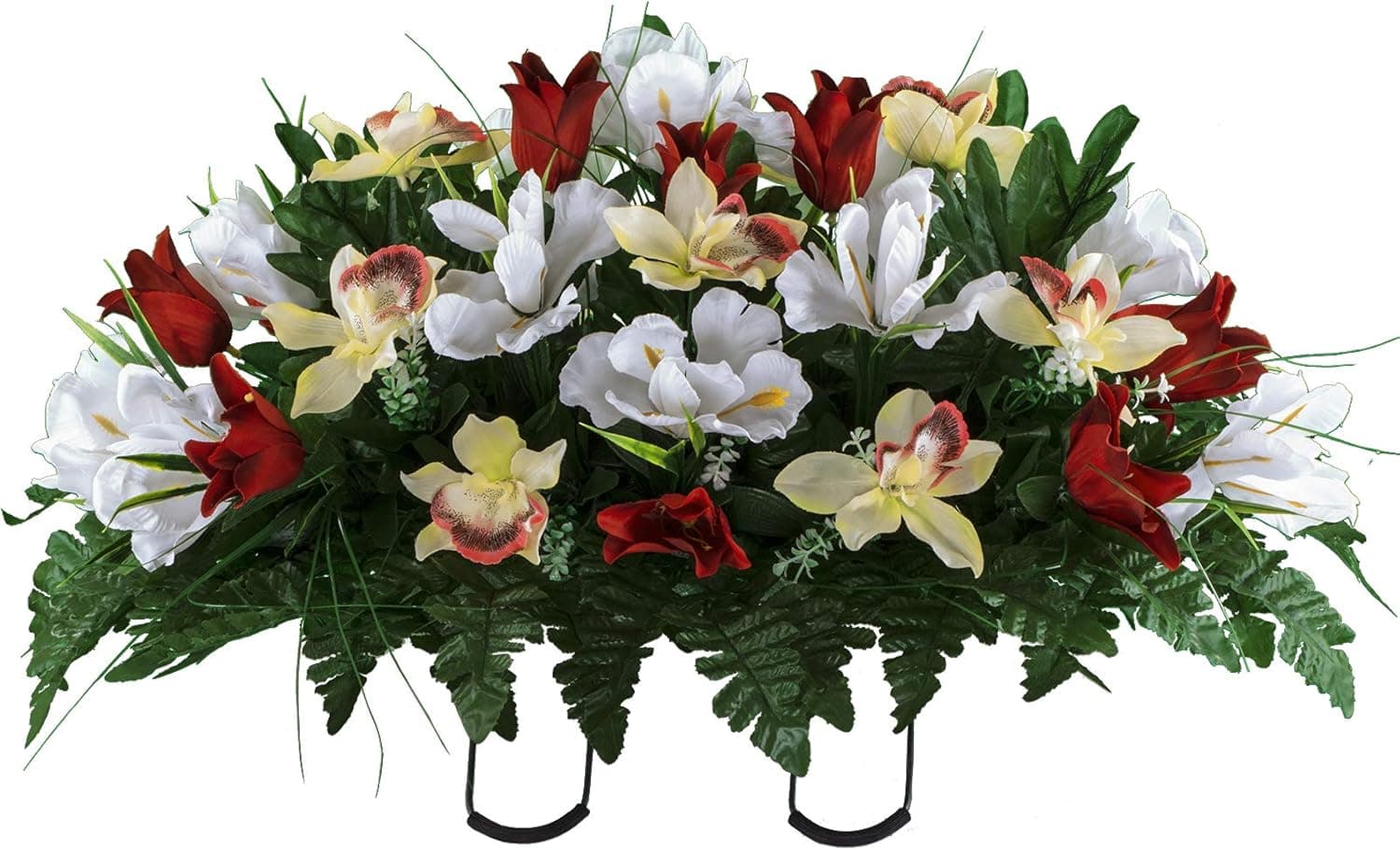Sympathy Silks Artificial Cemetery Flowers – Realistic Vibrant Tulips, Outdoor Grave Decorations - Non-Bleed Colors, and Easy Fit - Red White Tulip Saddle