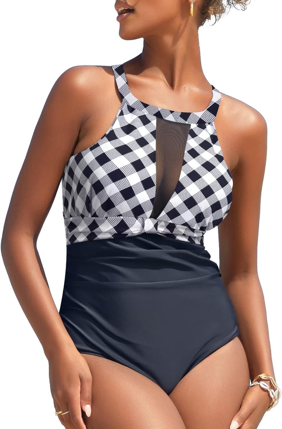 I2CRAZY Womens One Piece Swimsuits Mesh V Neck Monokini Bathing Suits Tummy Control Swimwear (Available in Plus Size)